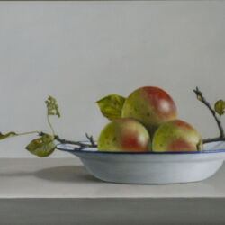Appels op Emaille bord Olieverf op paneel 26 x 61cm